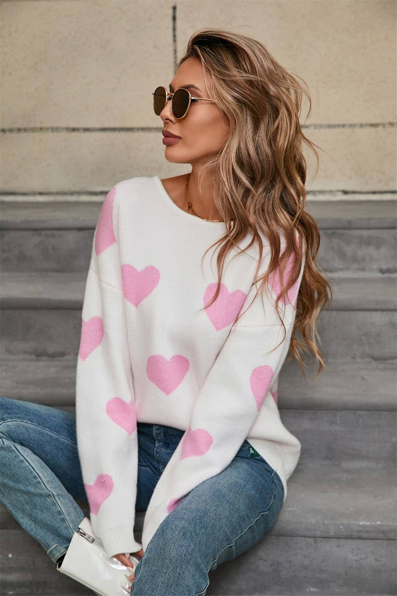 CWOSWL5780_VALENTINE'S DAY ROUND NECK CONTRAST COLOR SWEATER
