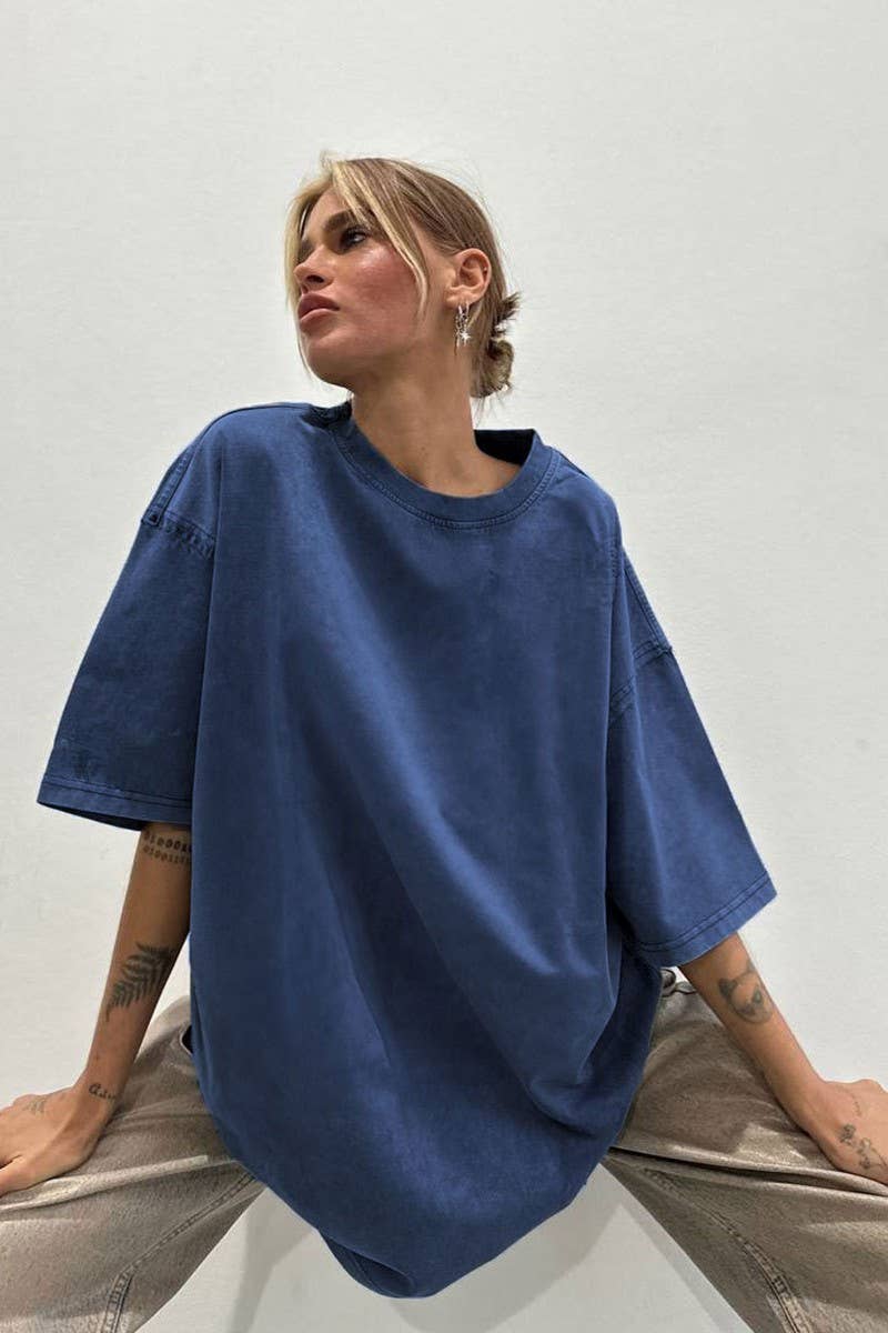 CWTTS1176_ROUND NECK WASHED DISTRESSED SHORT SLEEVE T-SHIRT