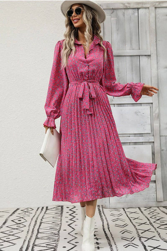 CWDMD4102_TIE-STRAP PLEATED LONG-SLEEVED SWING DRESS