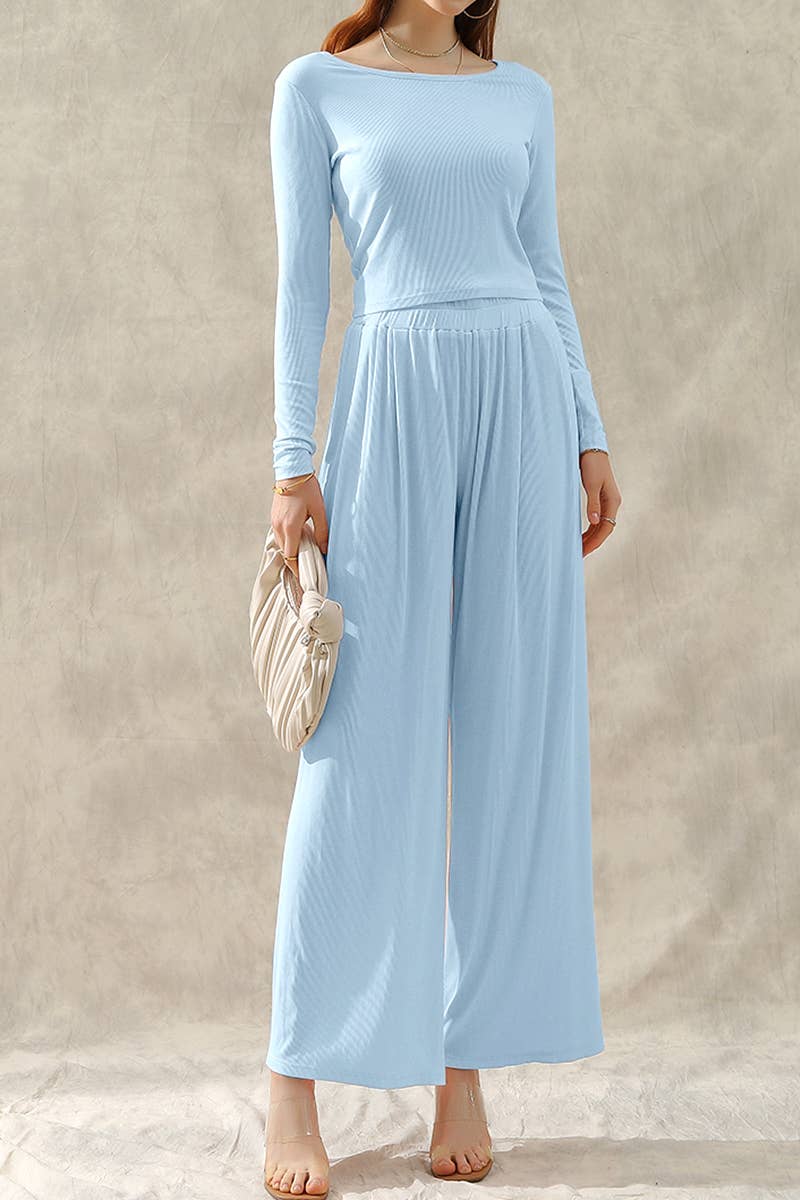 CWSTB194_LONG SLEEVE MODAL T SHIRT TOP AND WIDE PANTS SET