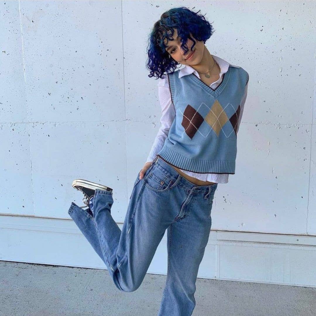 BLUE V-NECK SWEATER KNIT SHIRT SLEEVELESS VEST