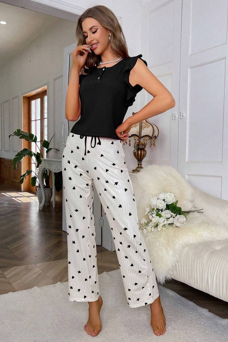 CWSPJ00493_HEART PRINT RUFFLED SLEEVE RIBBED LOUNGEWEAR SET