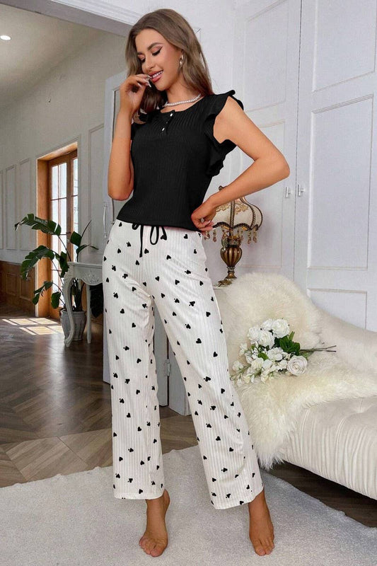 CWSPJ00493_HEART PRINT RUFFLED SLEEVE RIBBED LOUNGEWEAR SET