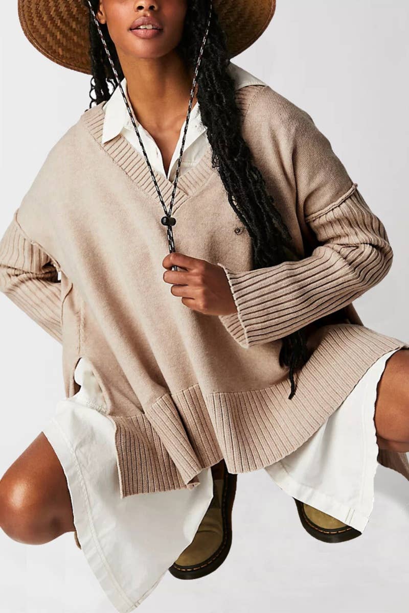 CWOSWL5822_V-NECK LONG SLEEVE SWEATER WITH IRREGULAR SPLIT