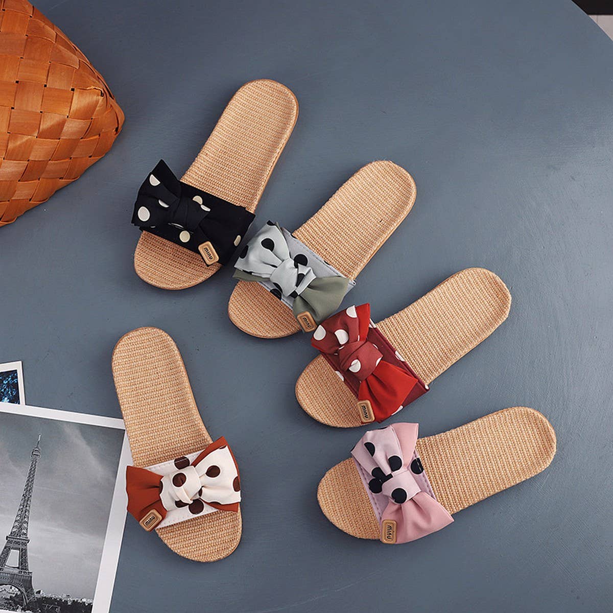 Polka Dot Linen Bow Slippers Soft Sole Non-Slip_CWSHF0185