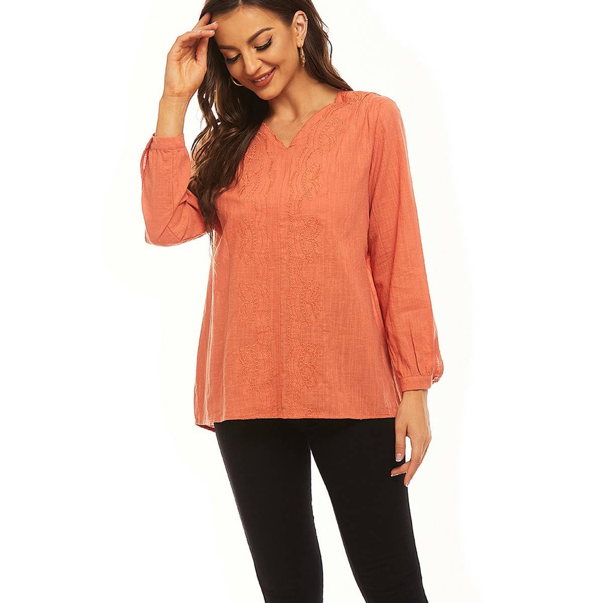 Cotton linen V-neck loose long-sleeved casual top