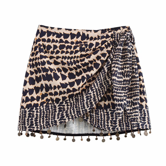 High Waist Beaded Skirt with Vintage Print