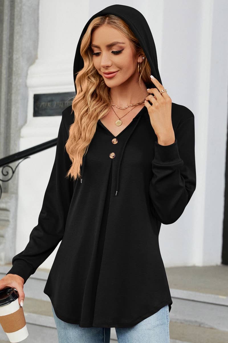 CWTBLL2682_SOLID COLOR DRAWSTRING LONG-SLEEVED HOODED TOP