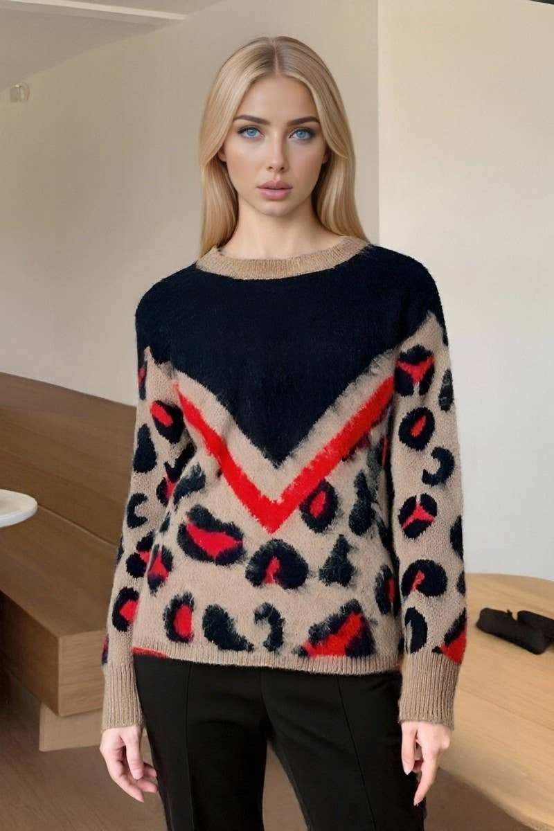CWOSWL6953_FUZZY LEOPARD PRINT KNIT PULLOVER SWEATER