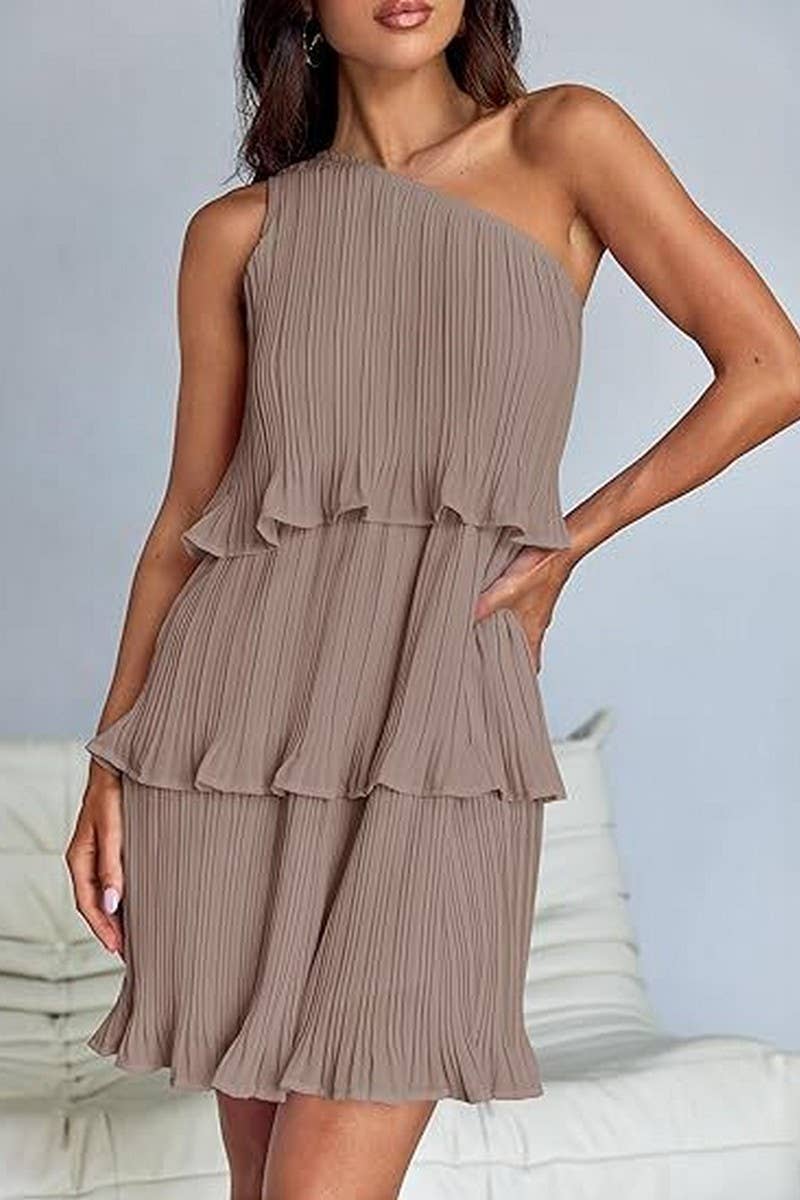 CWDSD7518_SUMMER OFF-SHOULDER LAYERED SOLID COLOR DRESS