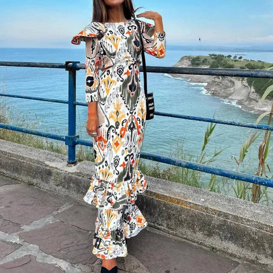 CUT-OUT FLY-SLEEVE PRINT DRESS