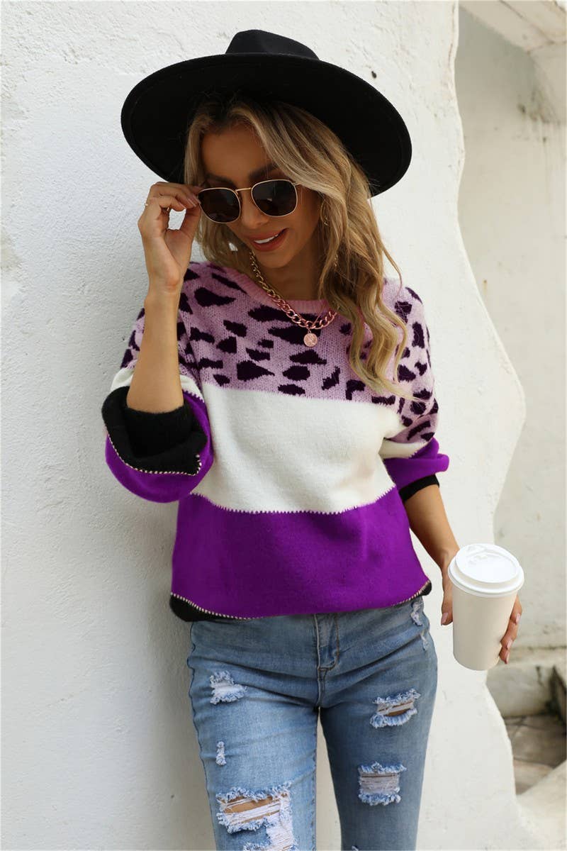 CWOSWL3154_LEOPARD PRINT CREW NECK PULLOVER SWEATER