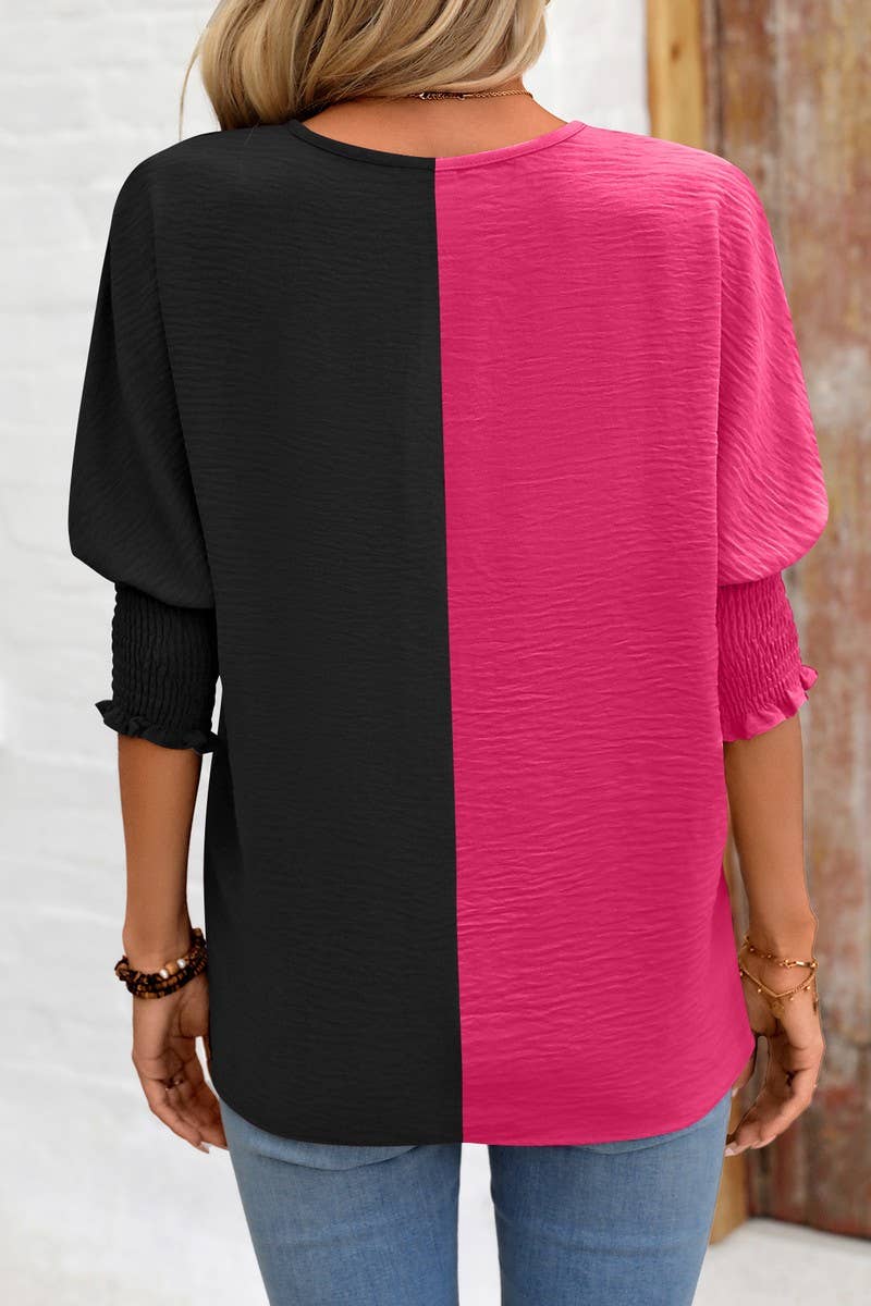 CWTBLS1501_COLORBLOCKED COLLAR LOOSE-FITTING BAT-SLEEVE TOP