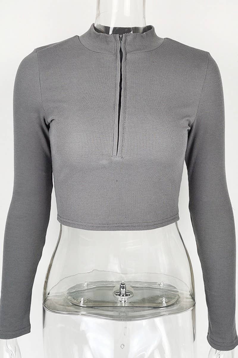 CWTBLL3775_ZIPPERED NAVEL-EXPOSED LONG SLEEVE T-SHIRT TOP