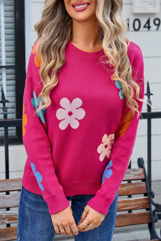 CWOSWL3074_FLORAL COLORBLOCK CASUAL CREWNECK SWEATER