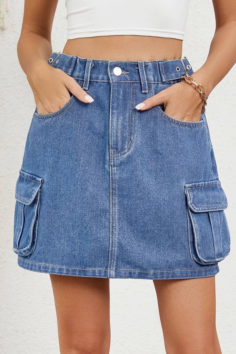 CWJSK00232_WASHED ADJUSTABLE WAIST DENIM MINISKIRT