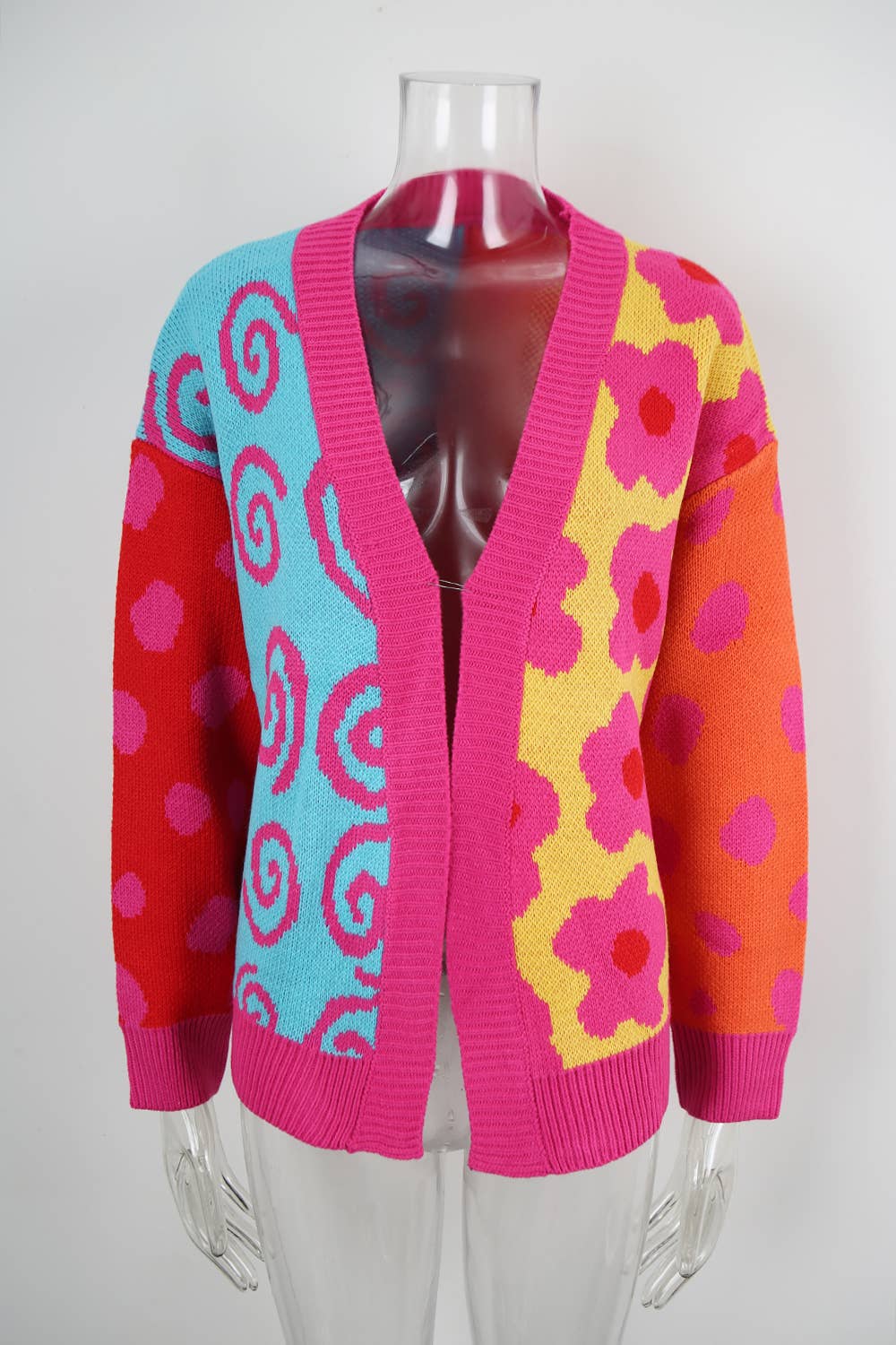 Color-blocking loose,buttonless knitted cardigan