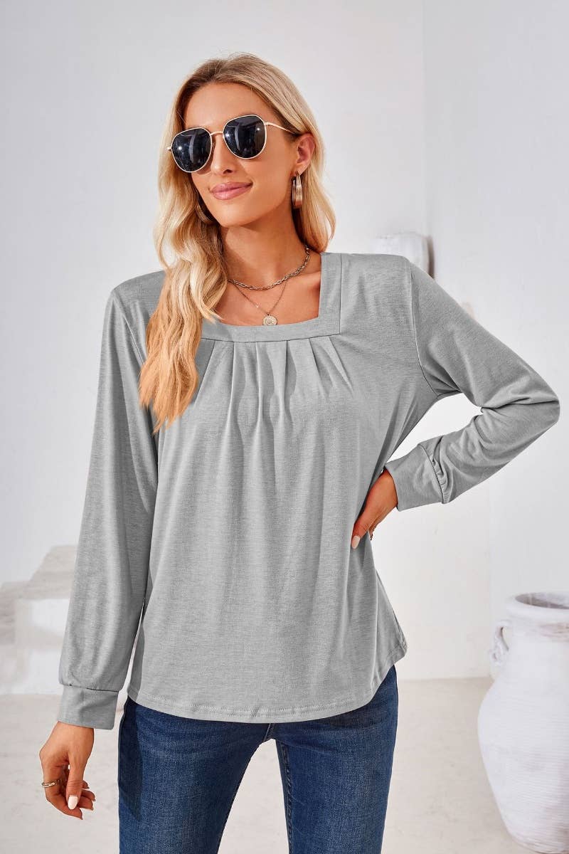 CWTBLL2796_FALL SQUARE NECK PLEATED LONG SLEEVE TOP