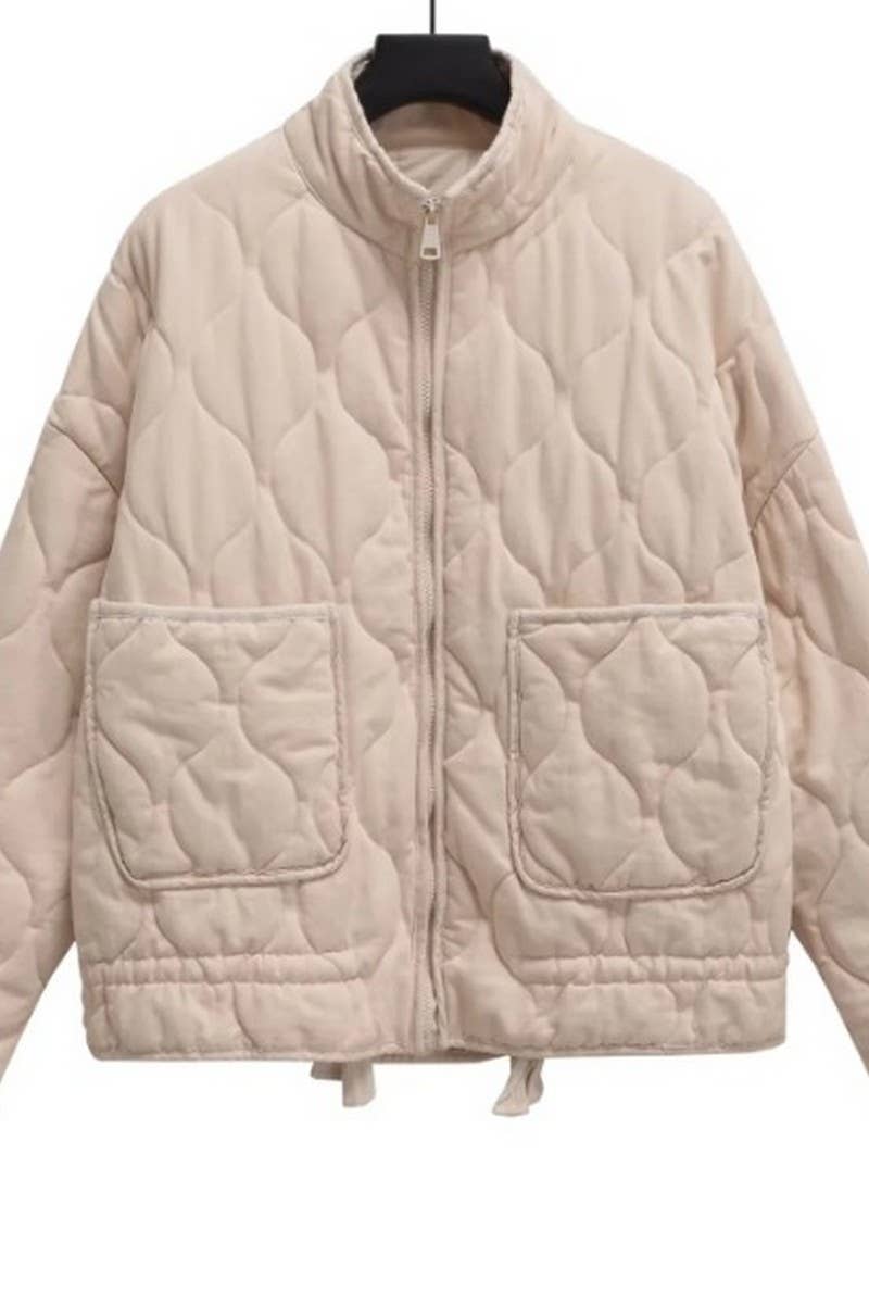 CWOCO1078_STAND COLLAR LARGE POCKET QUILTED COTTON COAT