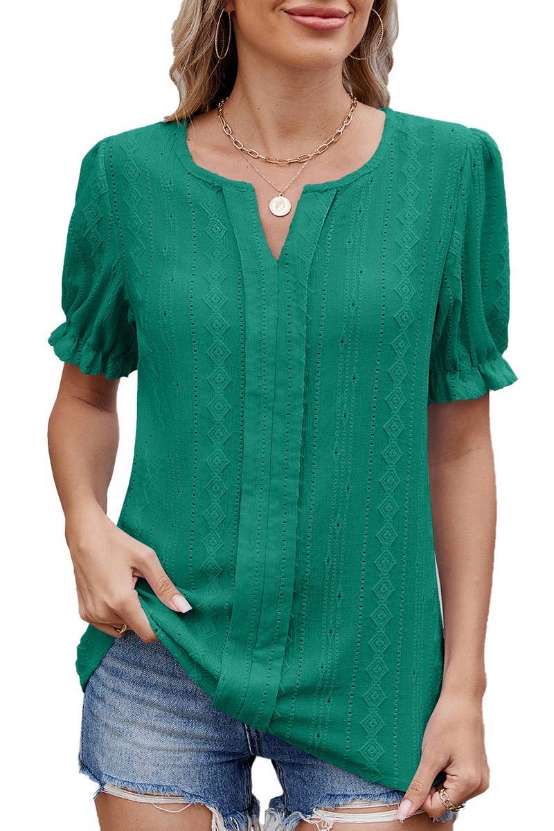 CWTBLS1727_SOLID COLOR V-NECK LOOSE PUFF SLEEVE JACQUARD TOP