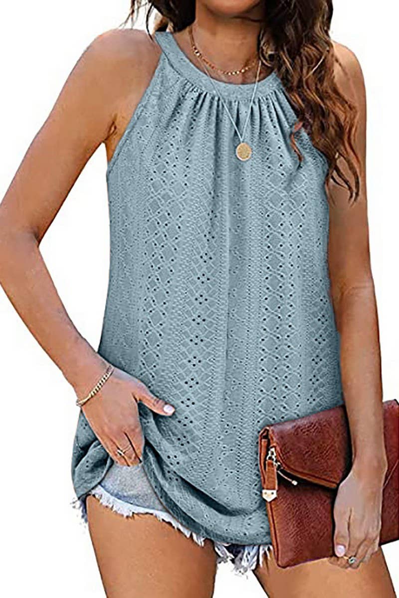 CWTTSL00214_SUMMER NEW ROUND NECK VEST HOLLOW SLEEVELESS TOP