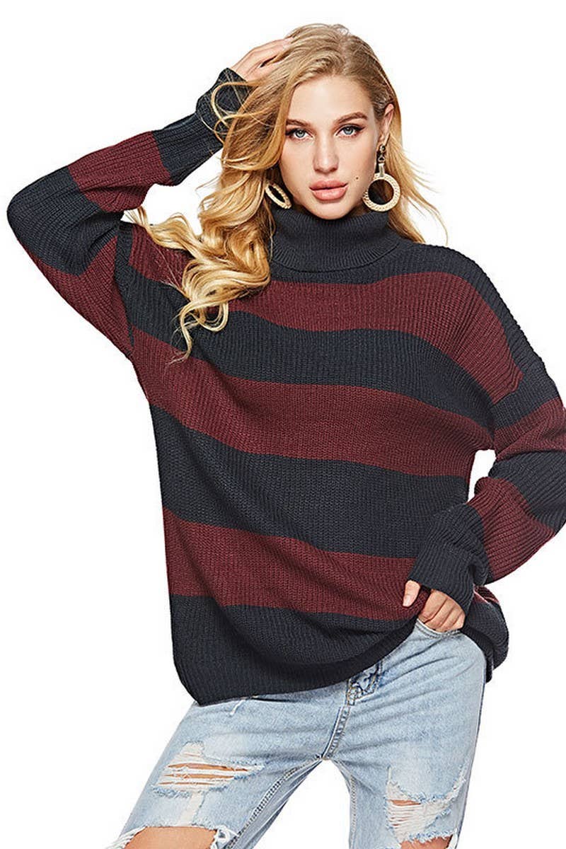 CWOSWL2697_CASUAL STRIPED TURTLENECK KNIT PULLOVER