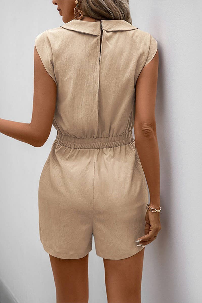 CWSJS1323_V-NECK SOLID COLOR POCKET LACE-UP JUMPSUIT