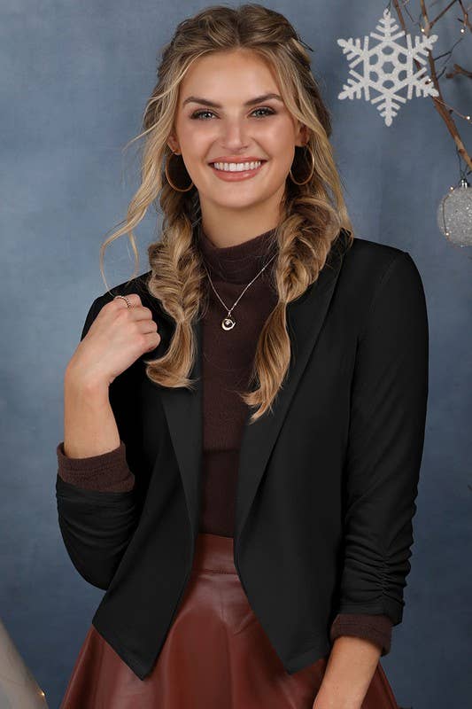 CWOBL108_SHAWL COLLAR SHORT BLAZER WITH SHIRRING SLEEVE