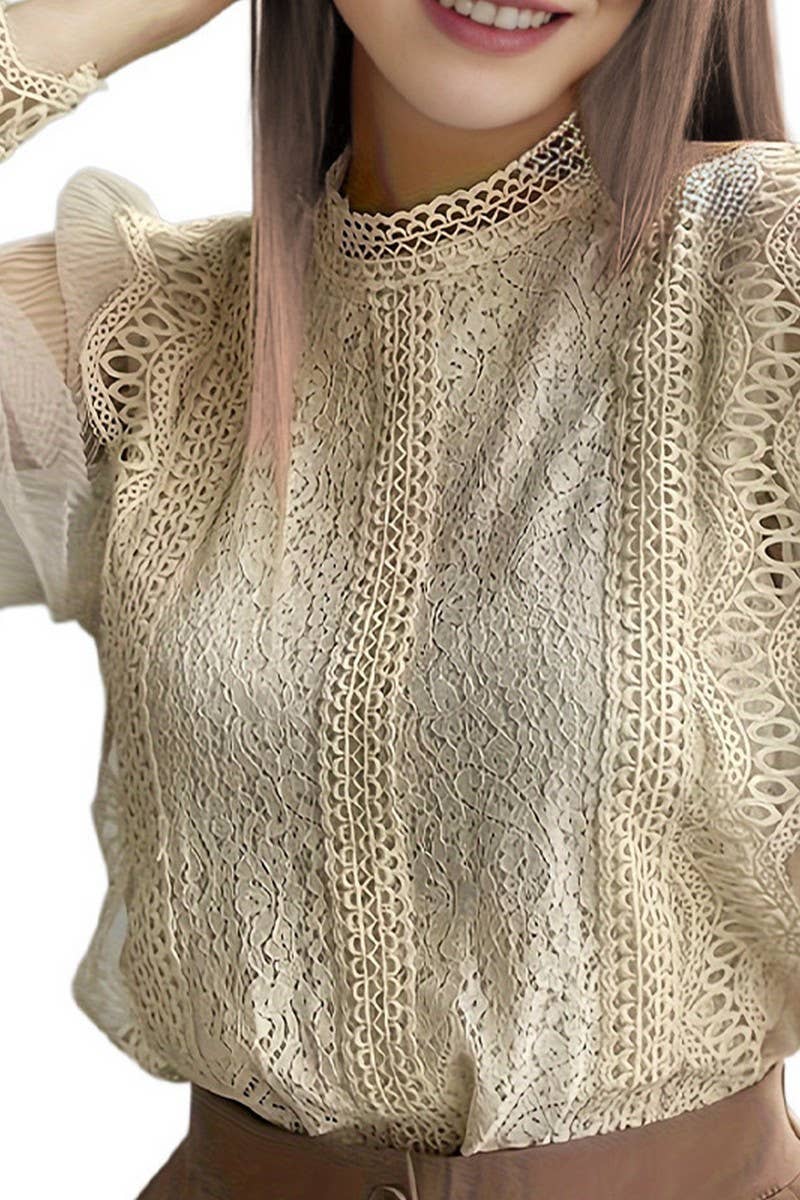CWTBLL3857_SHEER MESH PUFF SLEEVE LACE BLOUSE