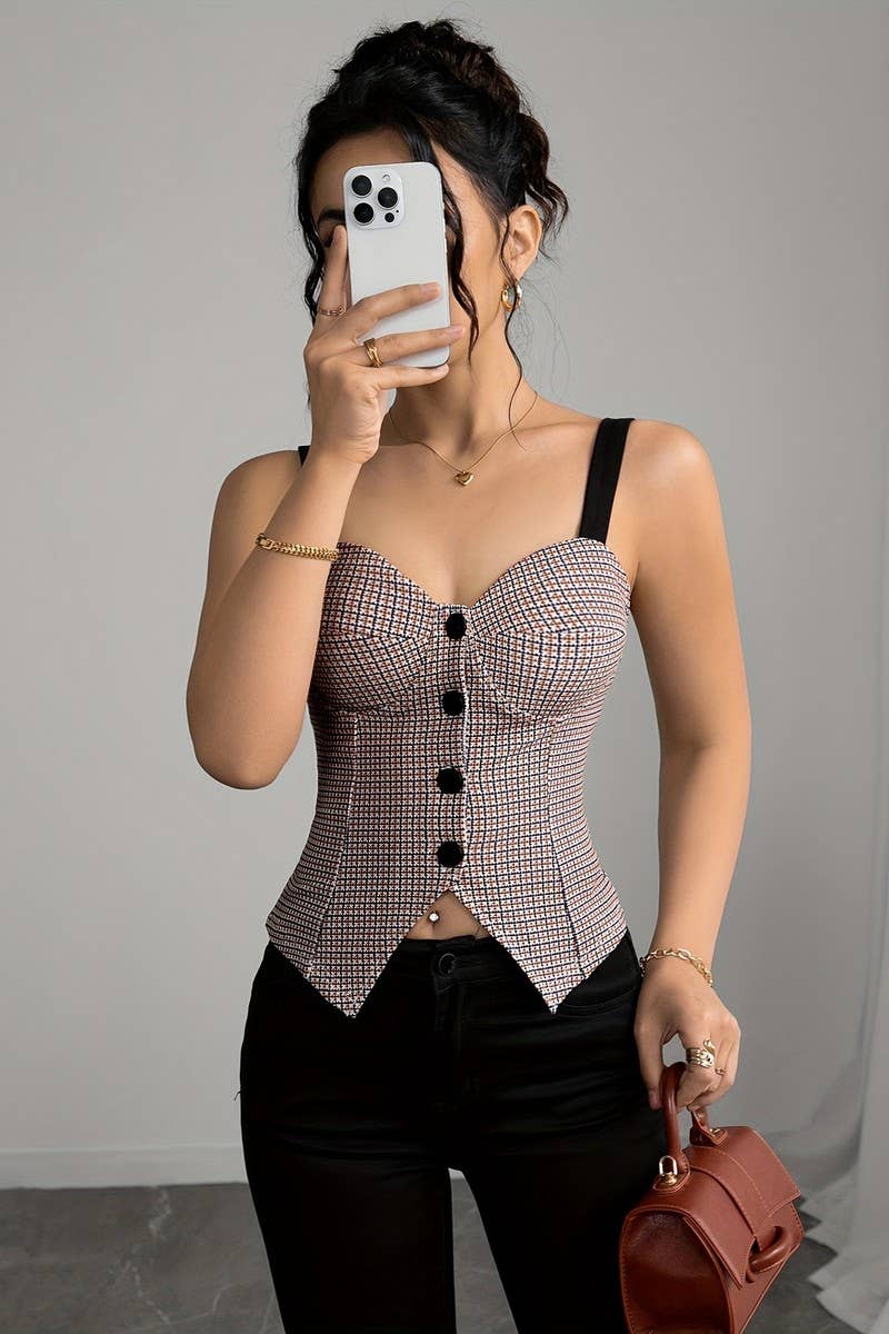 CWTTK1197_VINTAGE PLAID BUTTONED FITTED VEST TOP