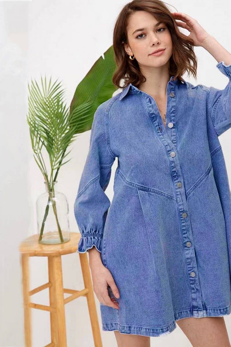 CWJT0026_CASUAL 3/4 SLEEVE BUTTON DOWN DENIM T-SHIRT DRESS