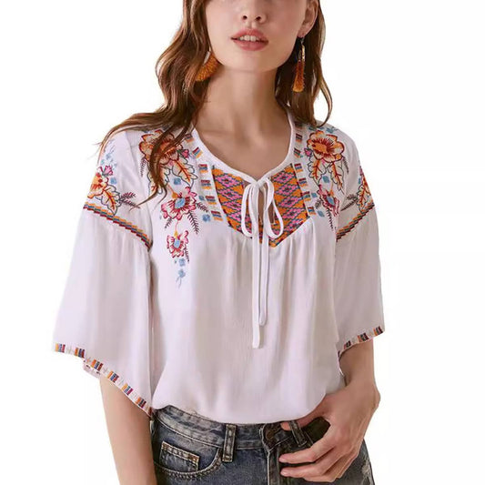 FLORAL EMBROIDERY V-NECK BLOUSE BLOUSE