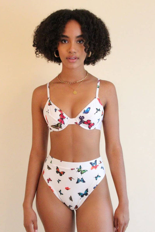 CWMW0846_BUTTERFLY PRINT HIGH WAIST TWO-PIECE SWIMSUIT