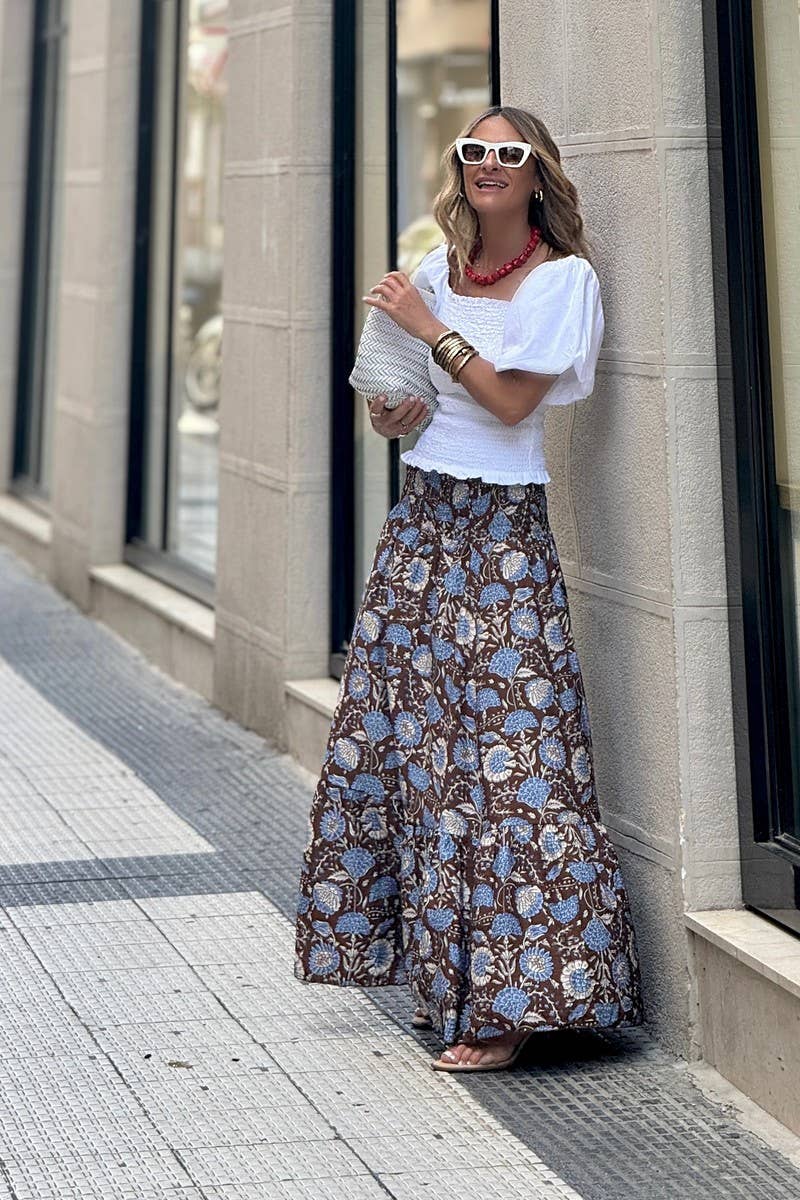 CWBLS0671_FLORAL ELASTIC WAIST FLOWY MAXI SKIRT