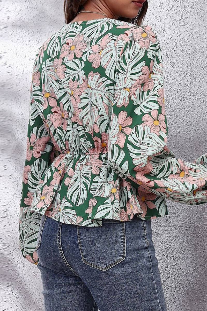 CWTBLL3759_V-NECK LANTERN SLEEVE LEAF PRINT CHIFFON SHIRT