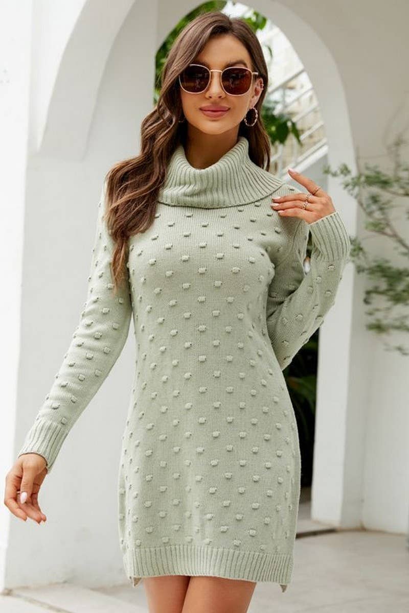 CWDSD5246_SOLID COLOR LONG HIGH COLLAR KNITTED SWEATER DRESS