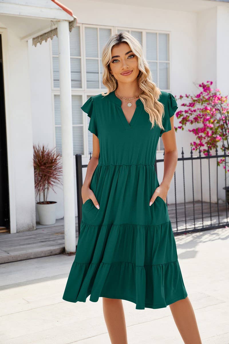 CWDMD2224_V-NECK RUFFLE SLEEVE SOLID COLOR CASUAL DRESS