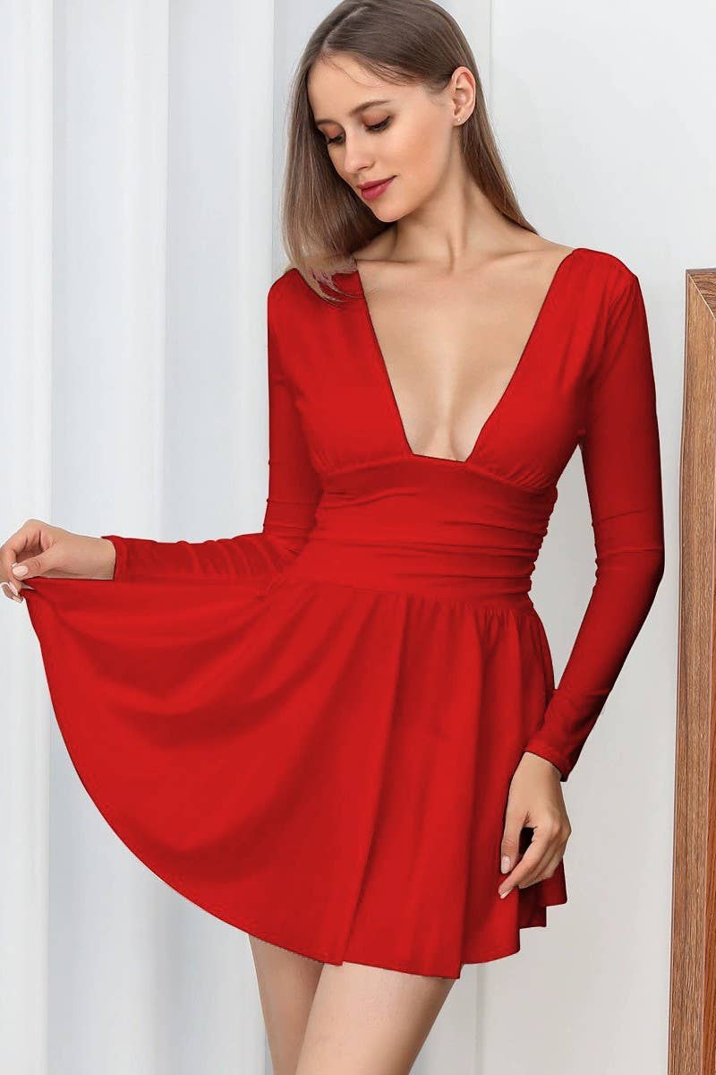 AUTUMN WINTER DEEP V PLEATED BODYCON DRESSCWDSD10783