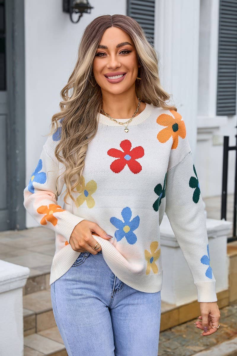 CWOSWL3103_CREW NECK FLORAL PULLOVER SWEATER
