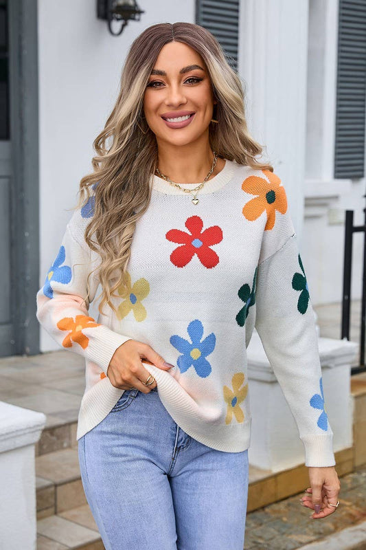 CWOSWL3103_CREW NECK FLORAL PULLOVER SWEATER