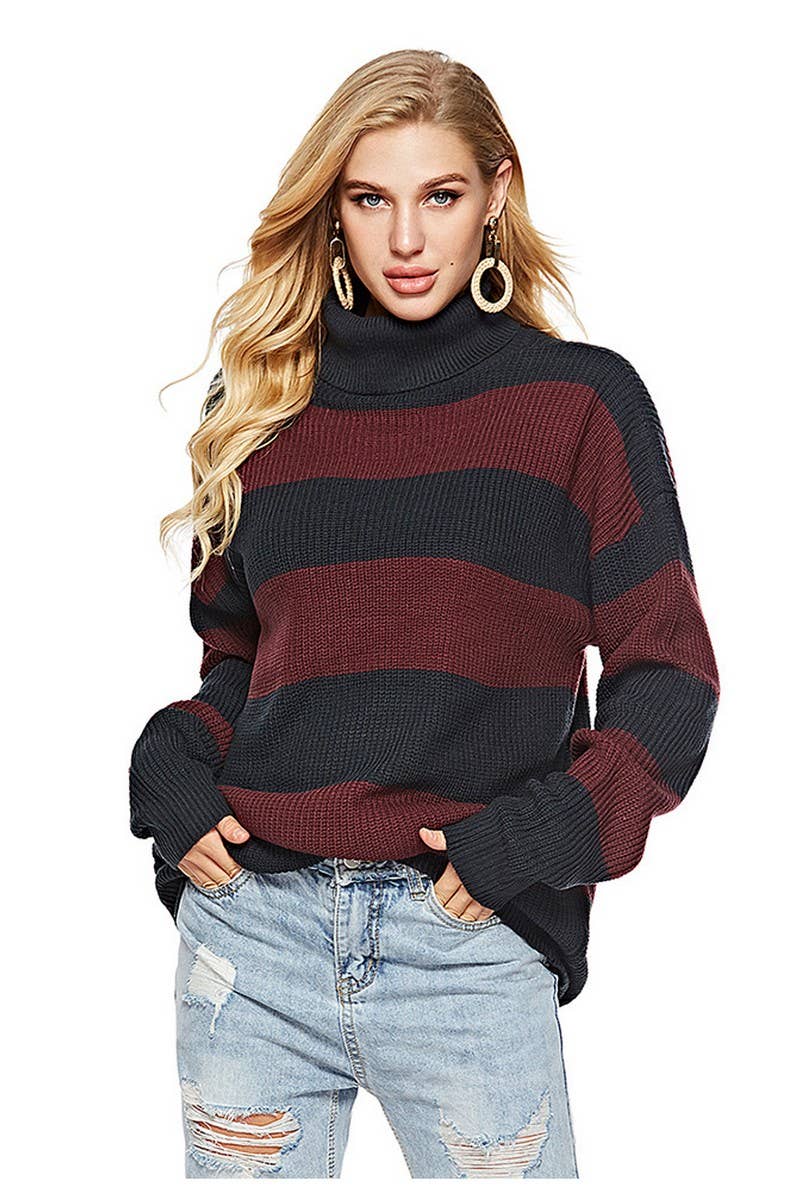 CWOSWL2697_CASUAL STRIPED TURTLENECK KNIT PULLOVER