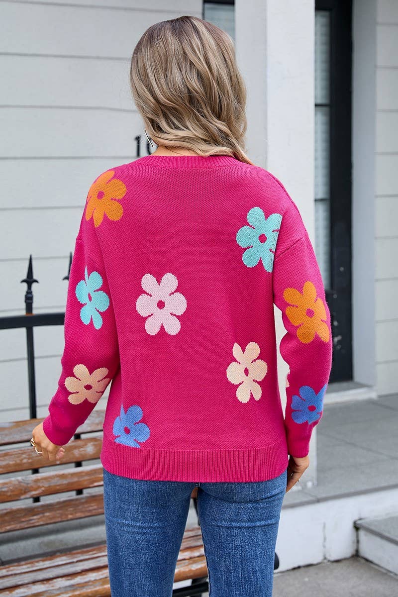 CWOSWL3074_FLORAL COLORBLOCK CASUAL CREWNECK SWEATER