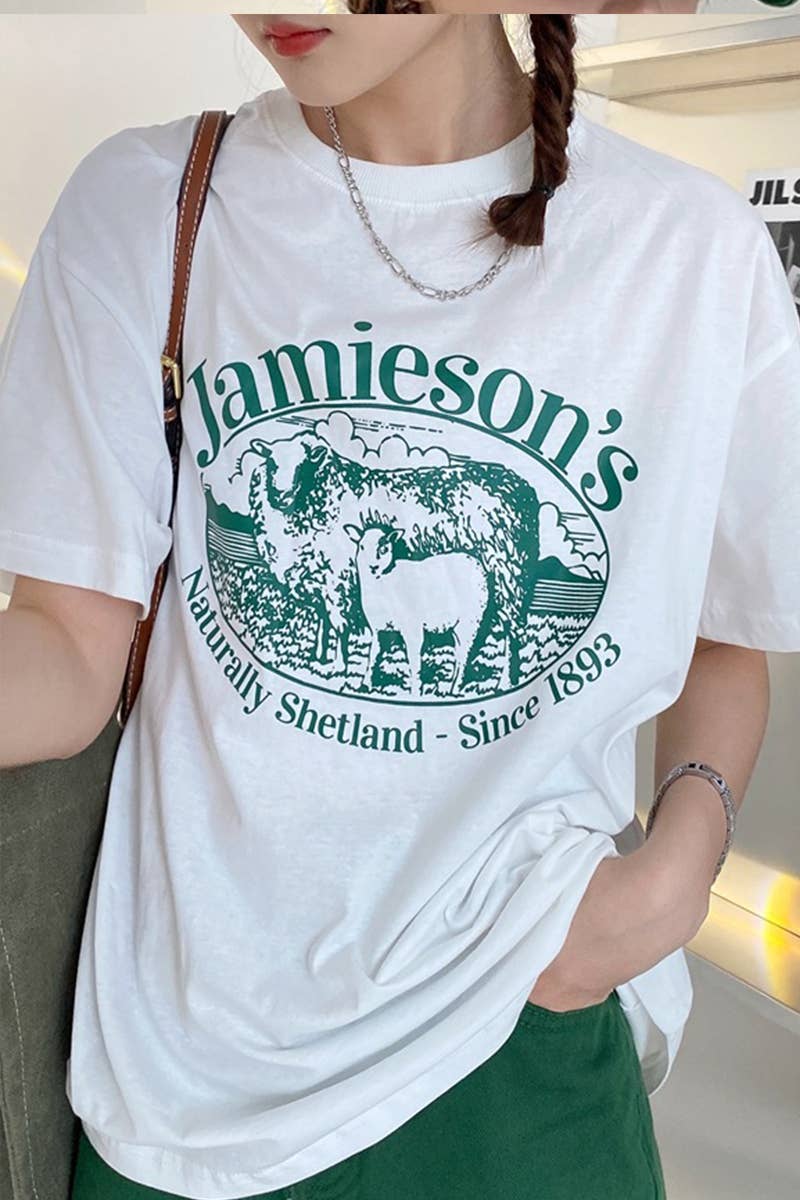 CWTTS1003_LAMB PRINT ROUND NECK SHORT SLEEVED T SHIRT