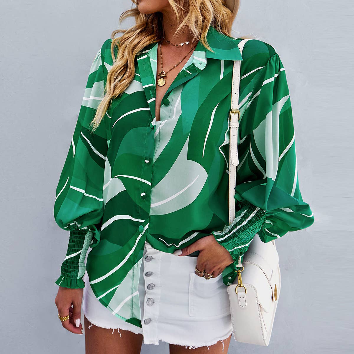 COLOR CONTRAST PRINT LOOSE CASUAL SHIRT FOR WOMEN