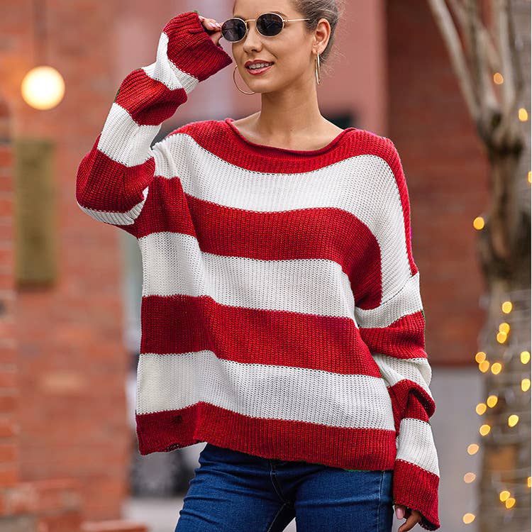 CREW-NECK STRIPED SWEATER WITH ROLLED EDGE
