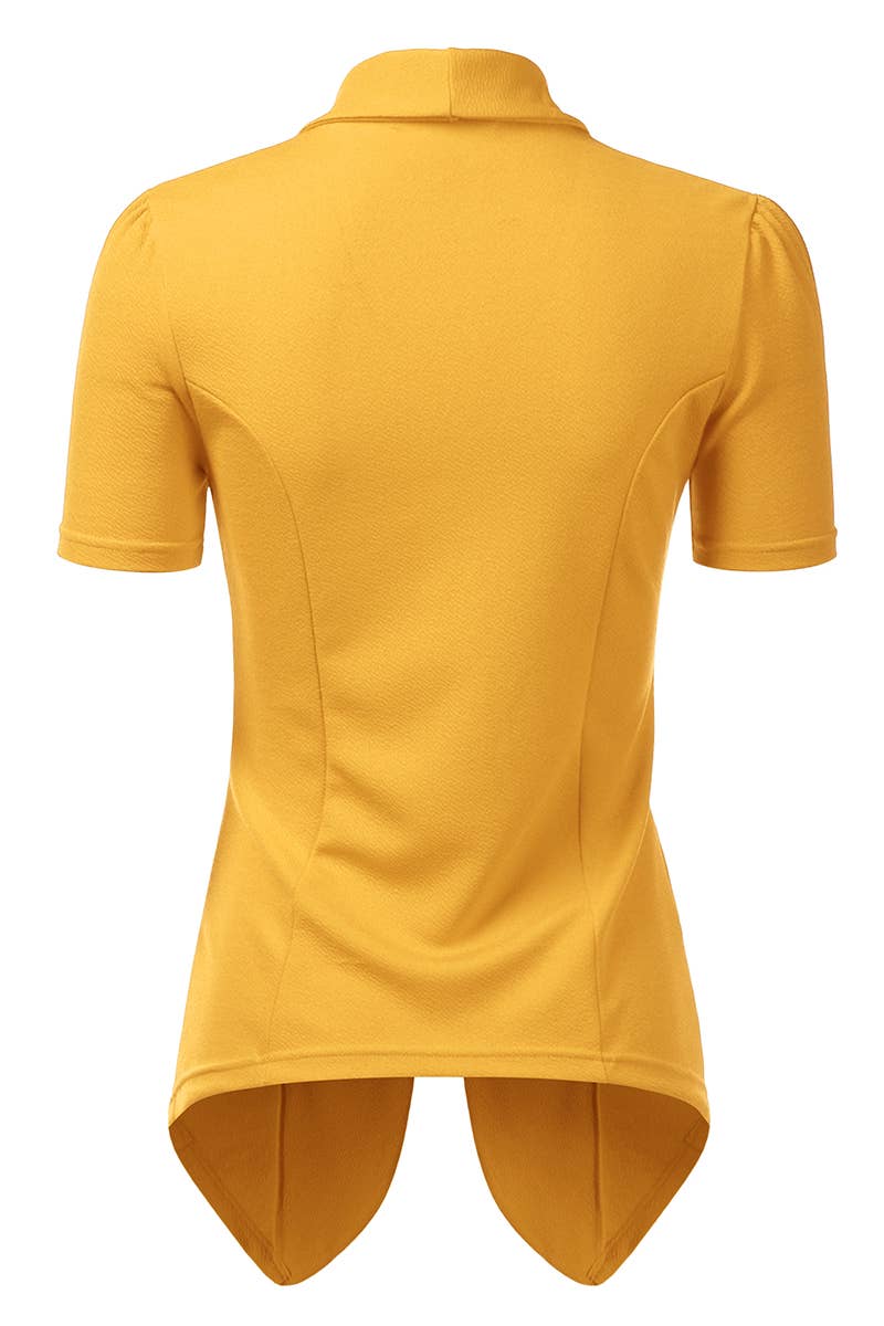 CWOBL095_Short Sleeve Open Front Draped Ruffles Blouses