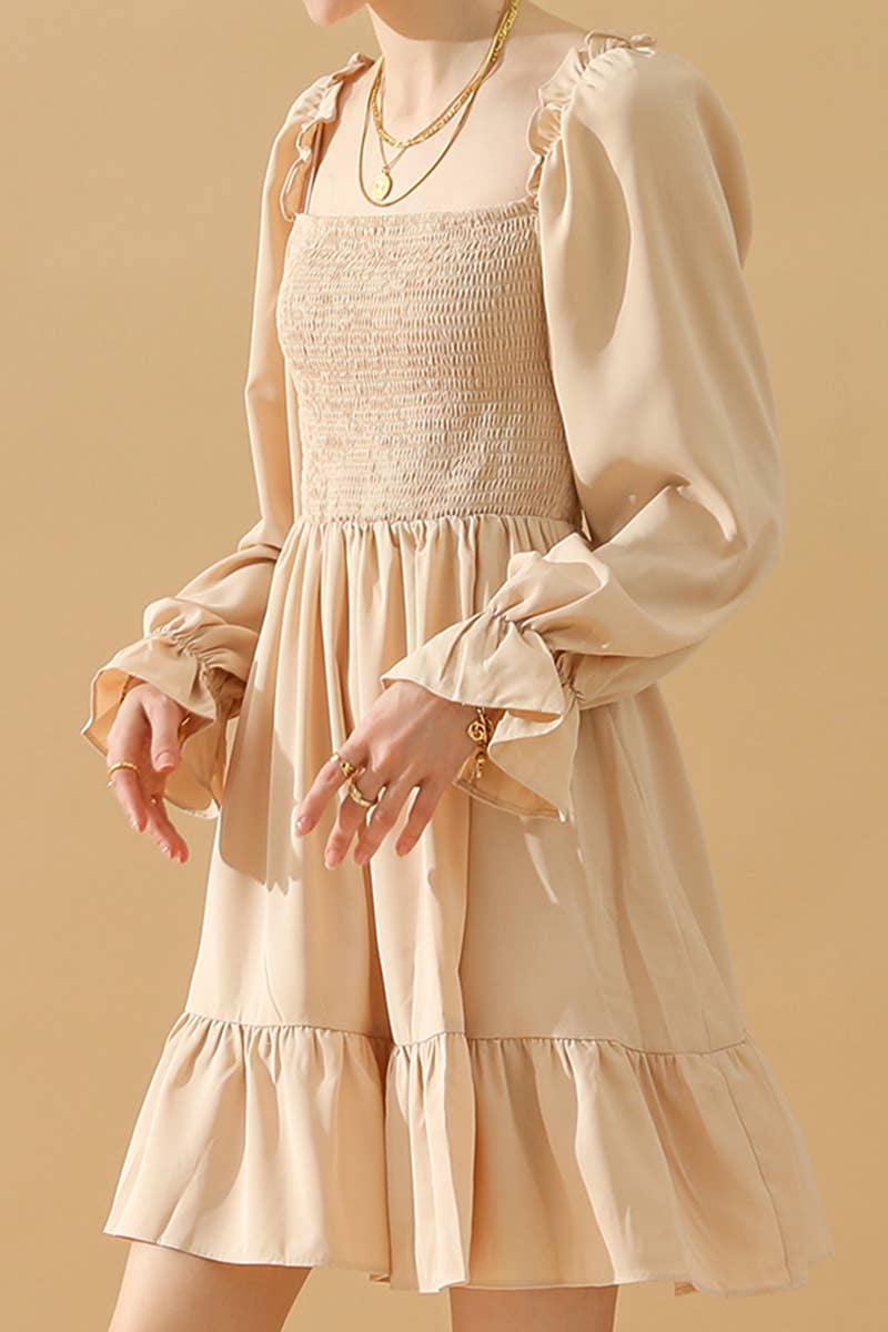 CWDSD10342_RUFFLE HIGH WAIST LONG SLEEVE CASUAL DRESS