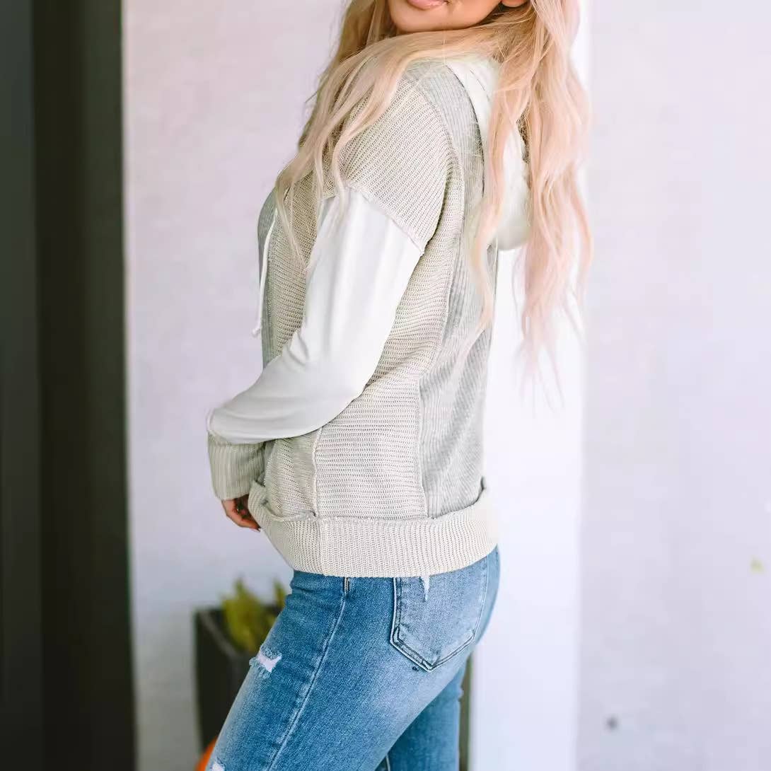 Casual textured patchwork knit hoodie with mixed colors