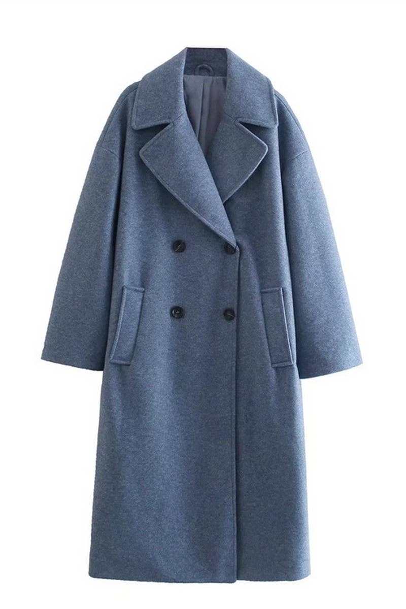 CWOCO1098_SOLID COLOR LAPEL LOOSE DOUBLE-BREASTED LONG COAT