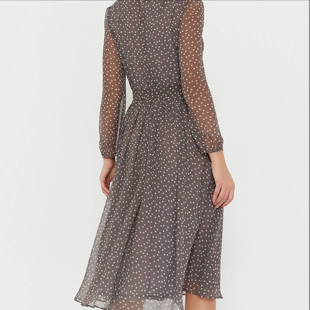 COFFEE COLOR POLKA DOT LACE PRINT CHIFFON DRESS